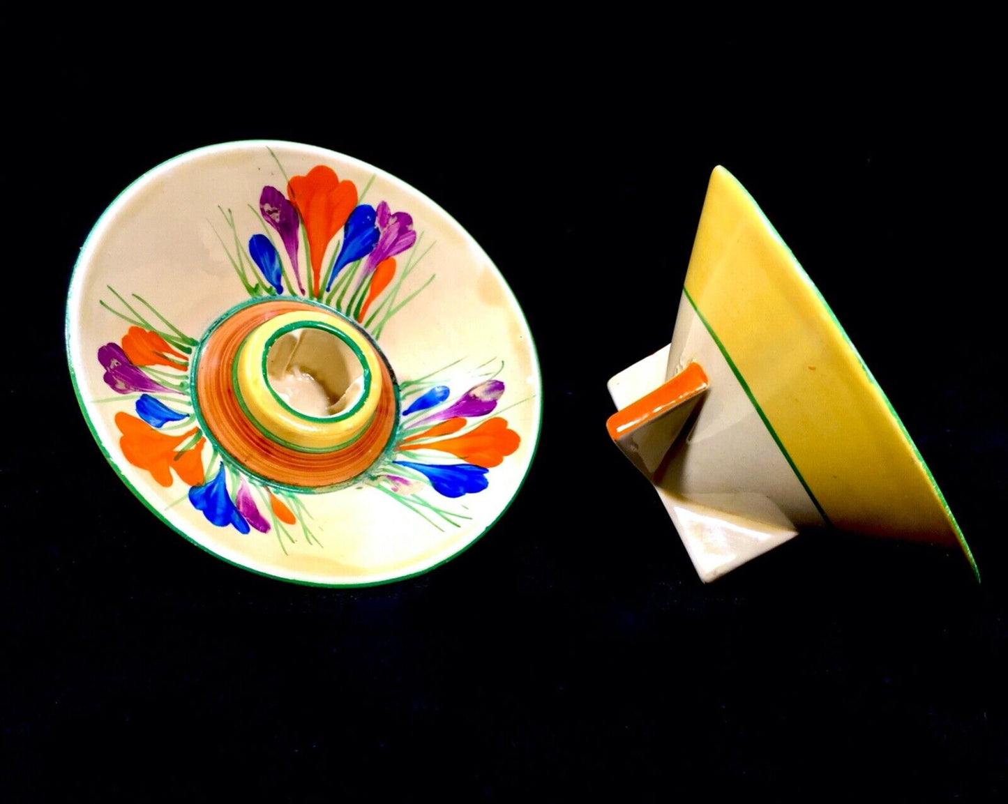 Antique Clarice Cliff Autumn Crocus Shape 384 Candle Stick Pair Pottery Bizarre