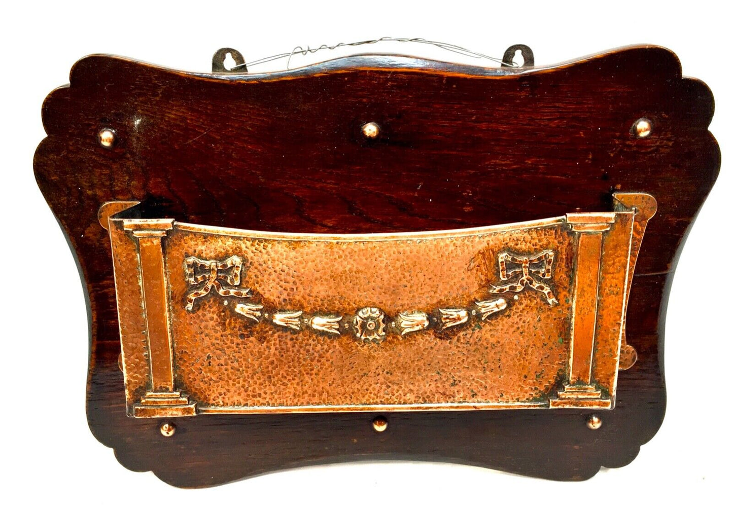 Antique Oak & Copper Wall Hanging Letter Rack / Key Holder Storage Box c.1920