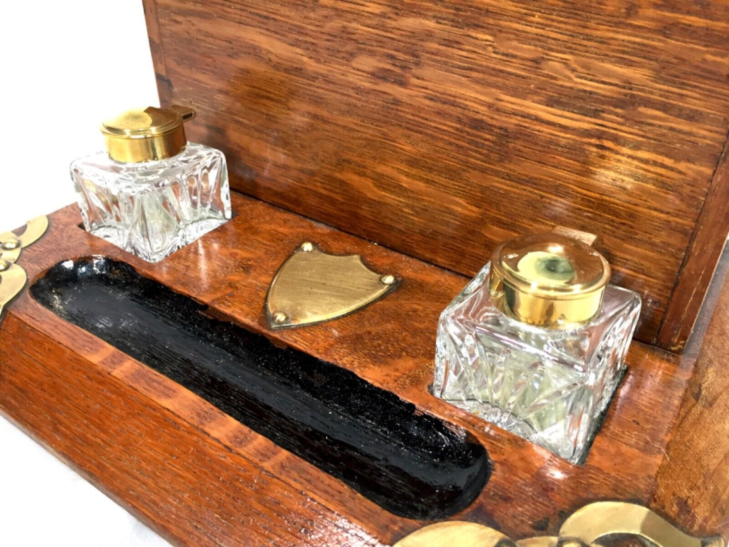 Antique Oak & Brass Desktop Letter Rack / Stationery Box / Edwardian c.1910