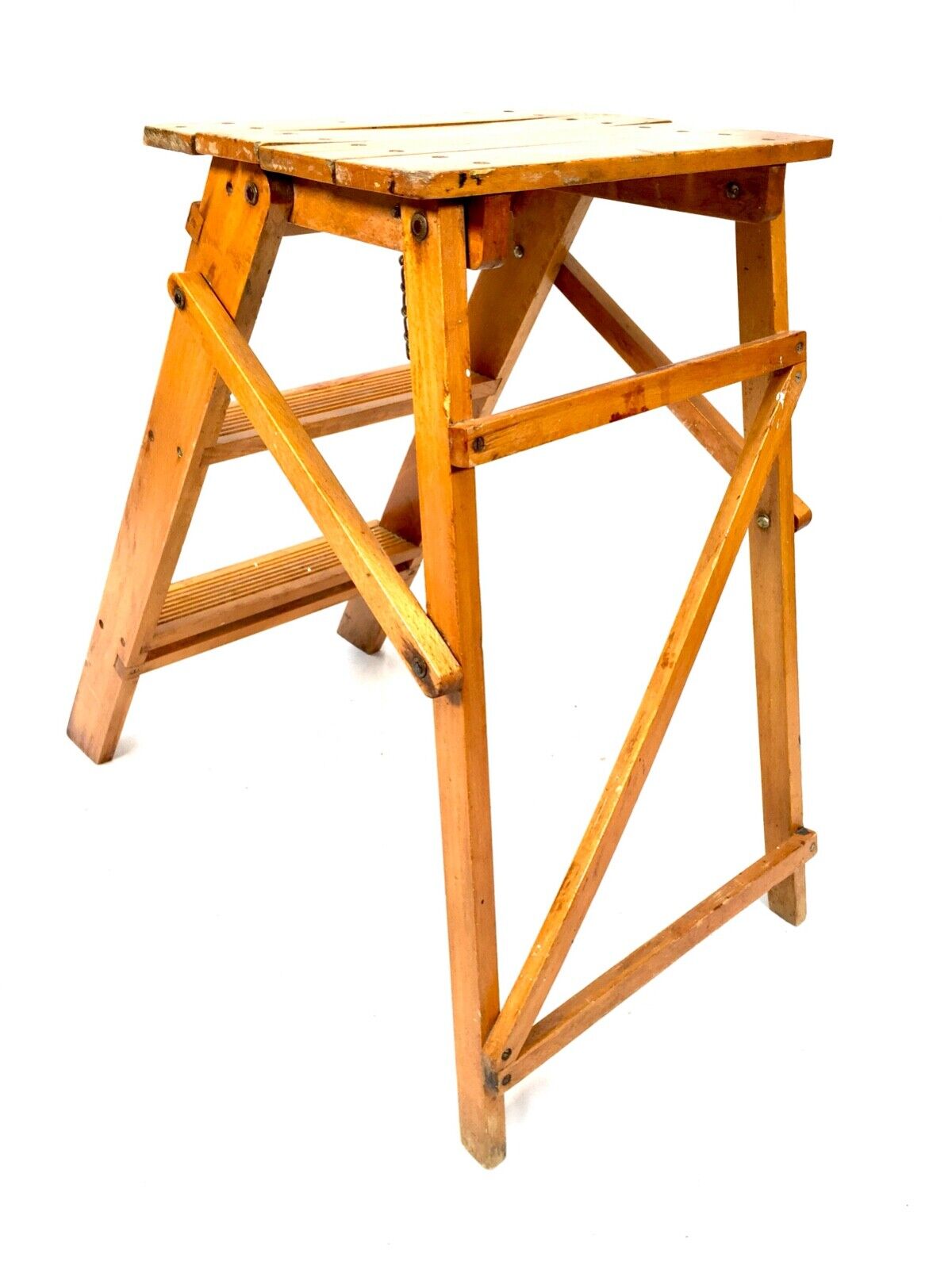 Antique 20th Century Wooden Household Stained Pine Folding Step Ladder