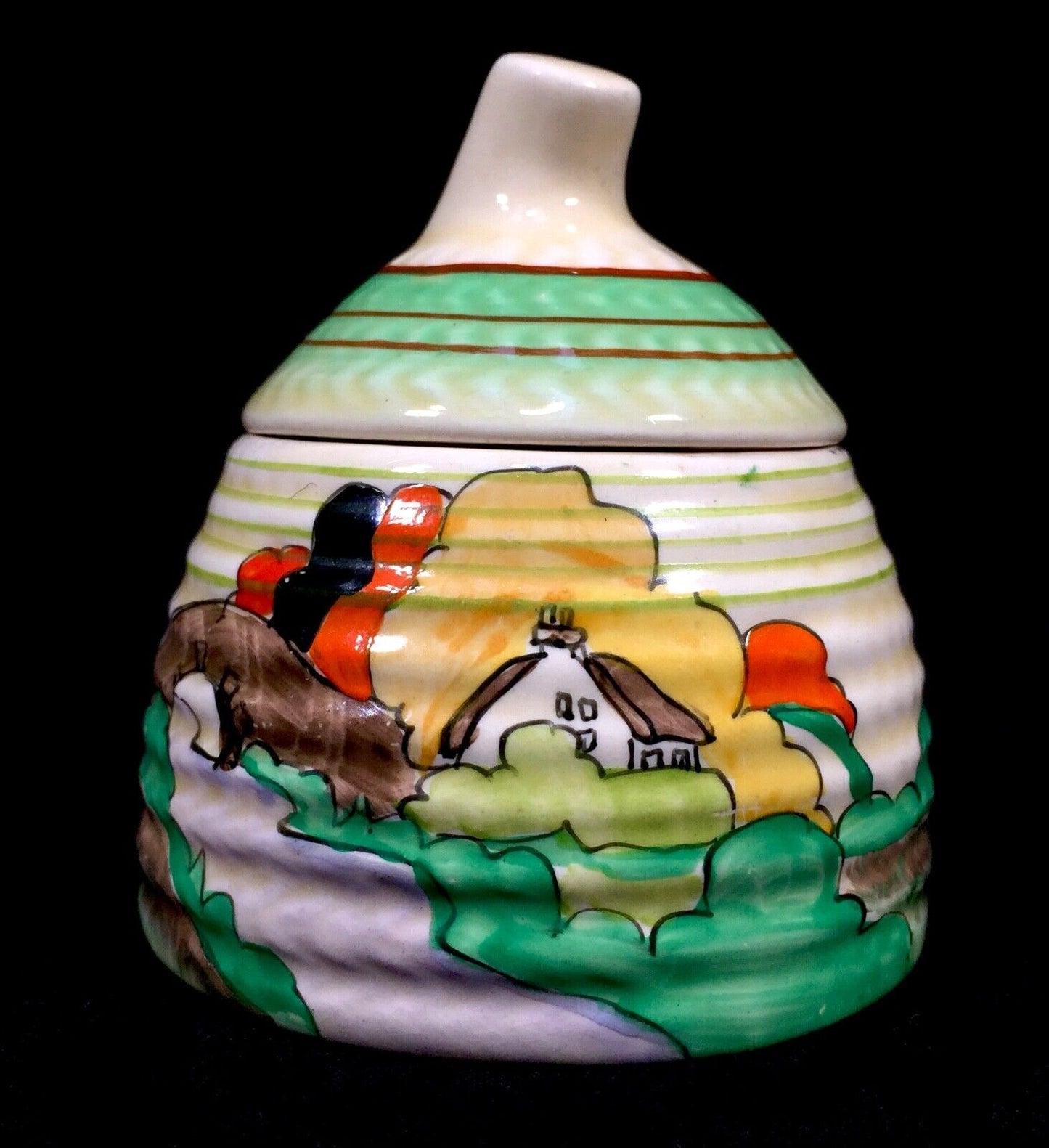 Antique Clarice Cliff - Lorna Preserve / Honey Pot c.1935 Art Deco Pottery
