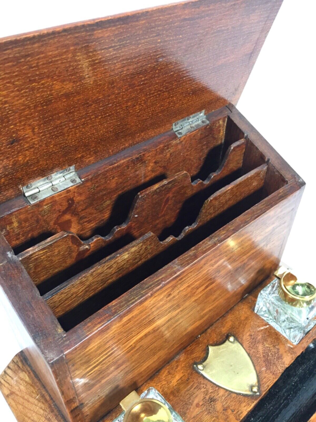 Antique Oak & Brass Desktop Letter Rack / Stationery Box / Edwardian c.1910