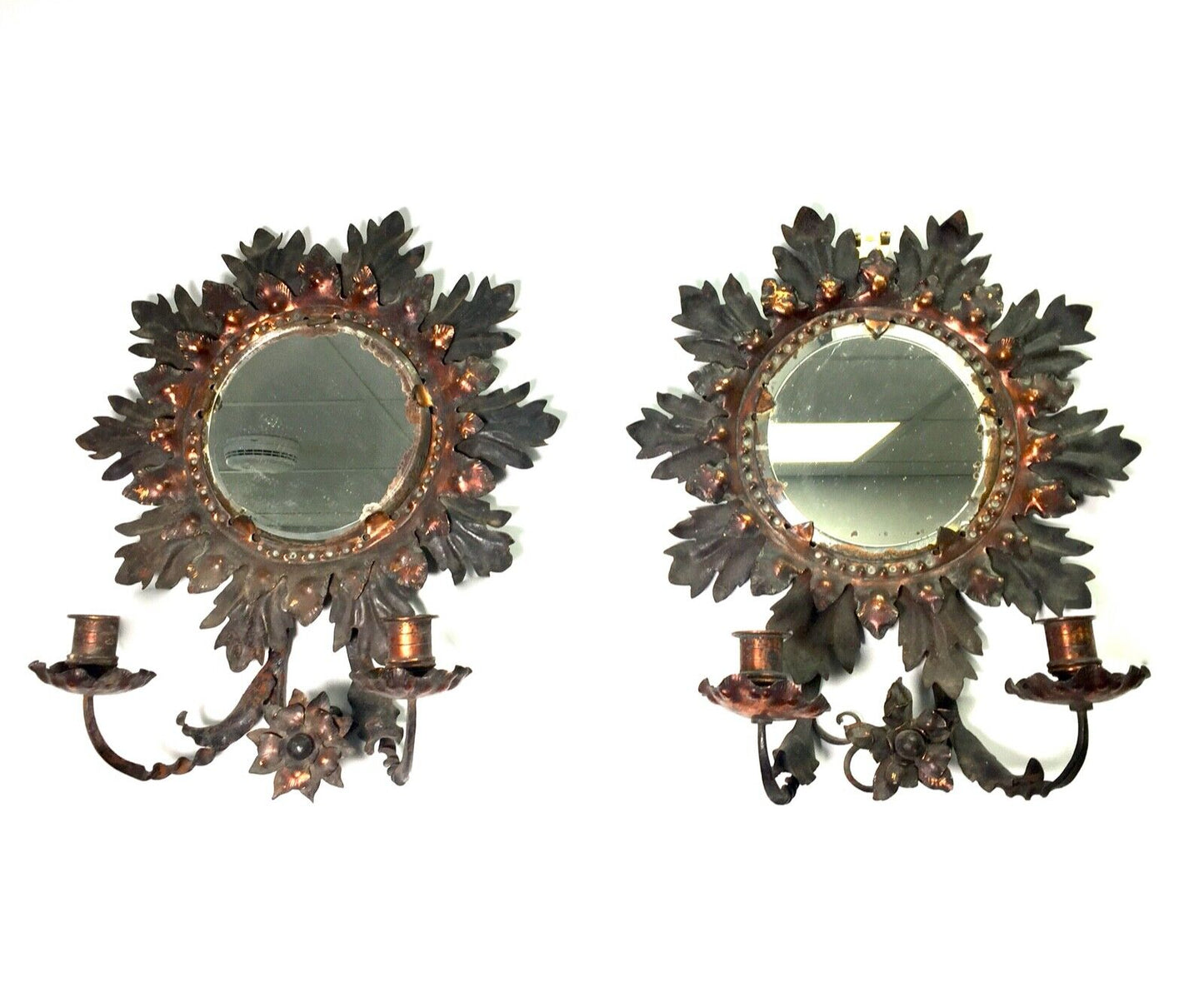 Antique Victorian Pair of Pressed Copper & Iron Mirror Sconces / Wall Hanging