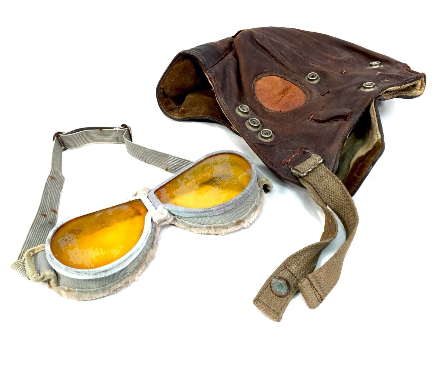 Antique 1940s Brown Leather Flying Cap & Goggles / Car Racing / RAF Type