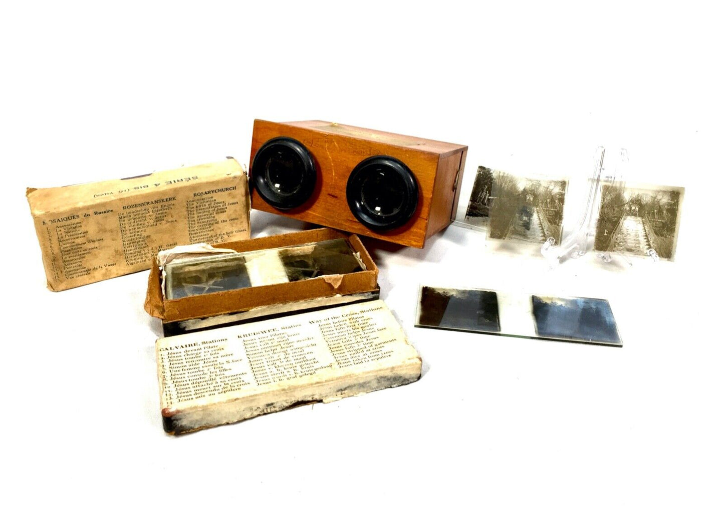 Antique Wooden Handheld Stereo Viewer / Stereoscope & Glass Slide Job c.1900