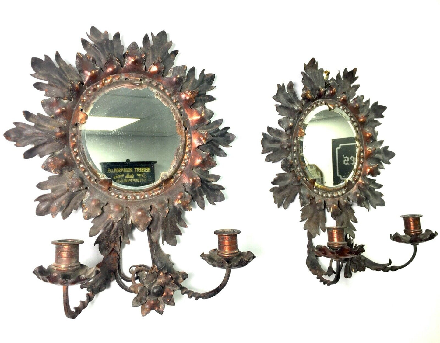 Antique Victorian Pair of Pressed Copper & Iron Mirror Sconces / Wall Hanging