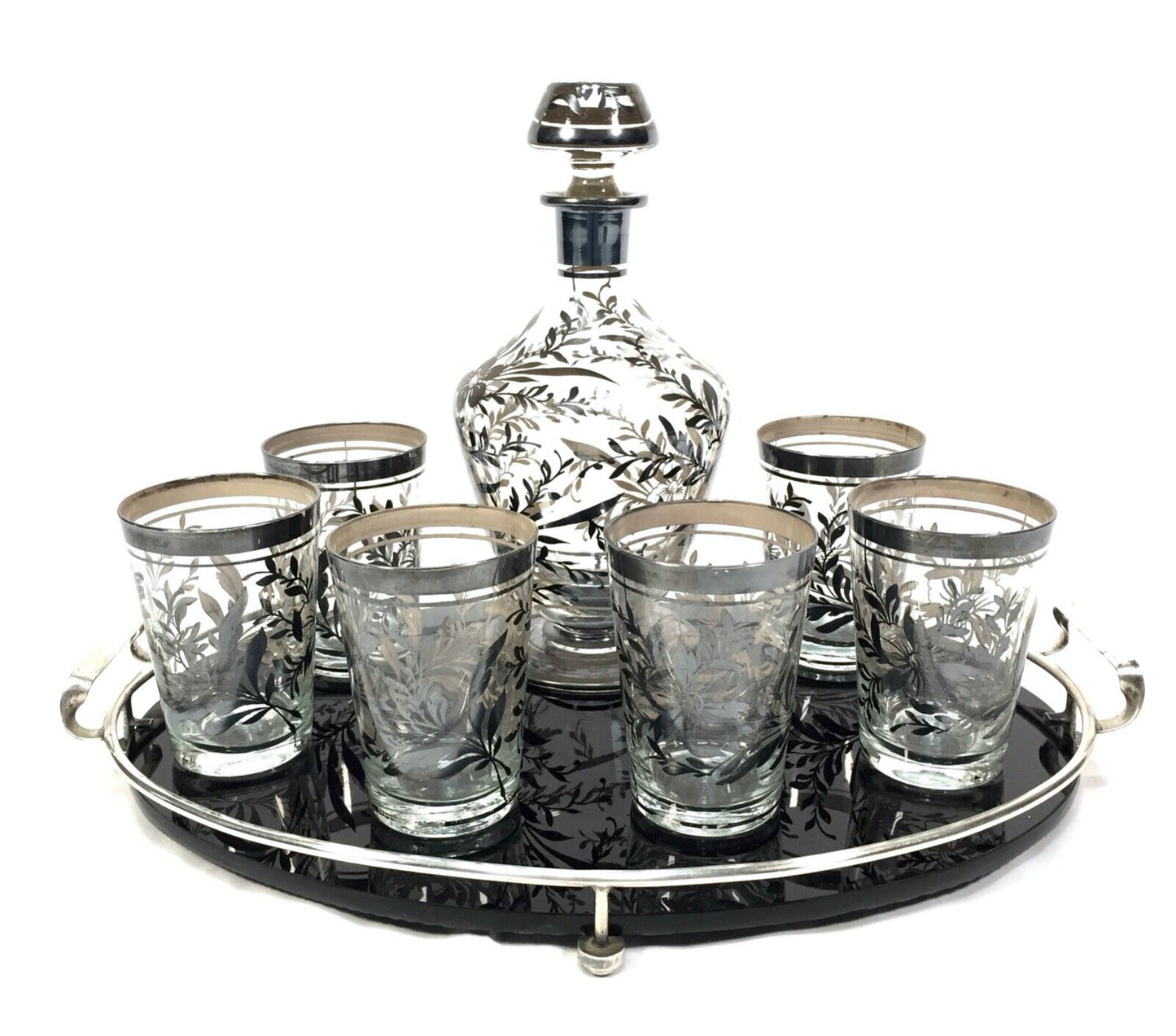 Antique Early 20th Century Decanter & Glass Drinking Set with Serving Tray c1920
