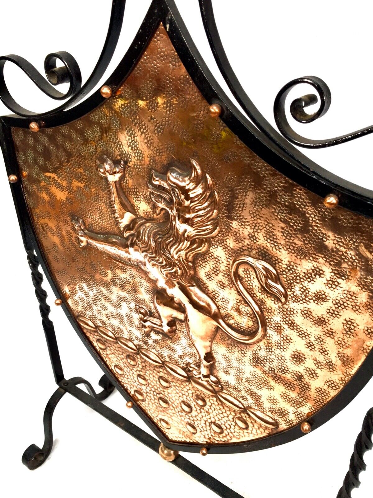 Antique Arts & Crafts Beaten Copper Fire Screen Shield Wrought Iron Frame c.1900