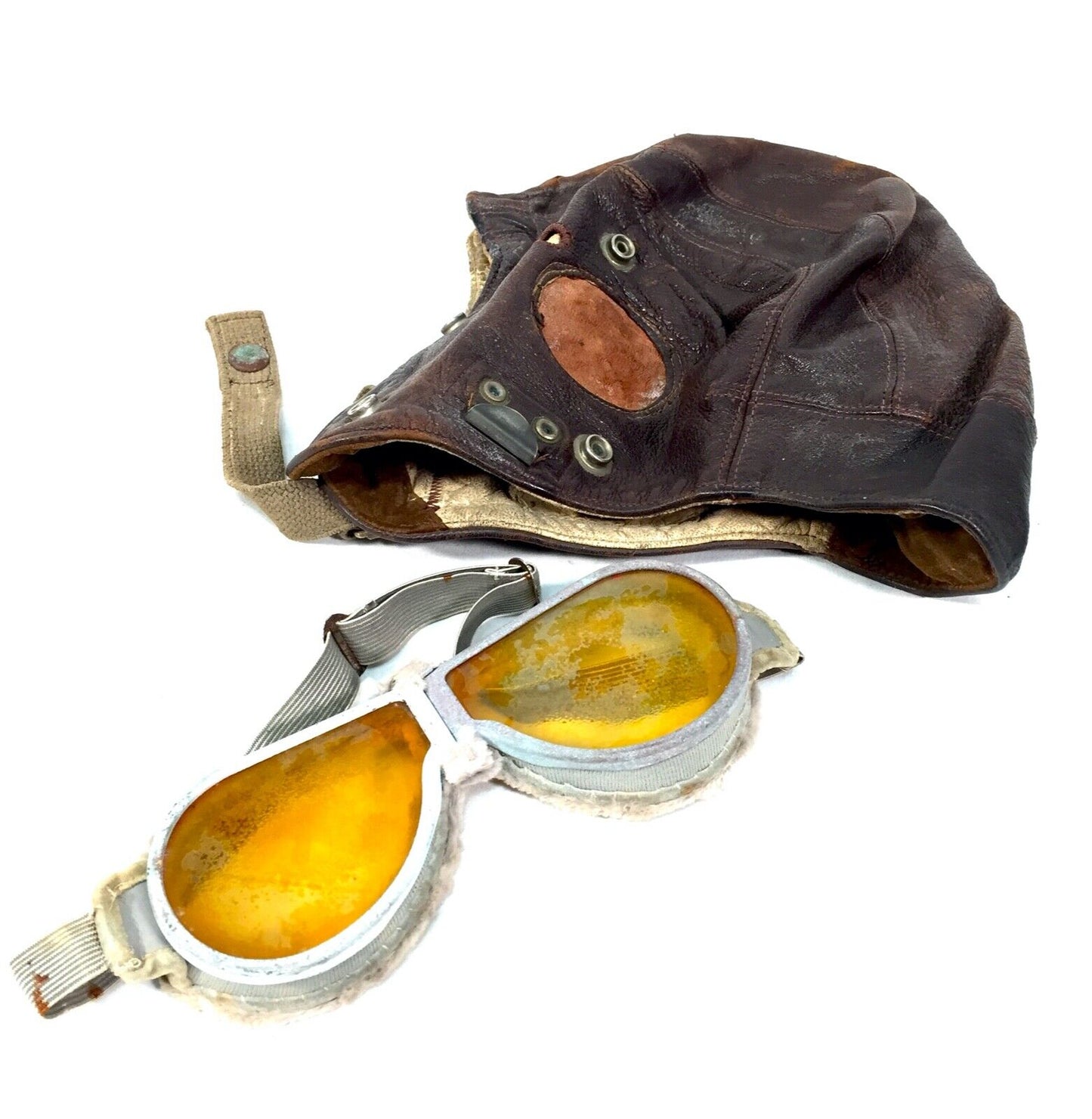 Antique 1940s Brown Leather Flying Cap & Goggles / Car Racing / RAF Type