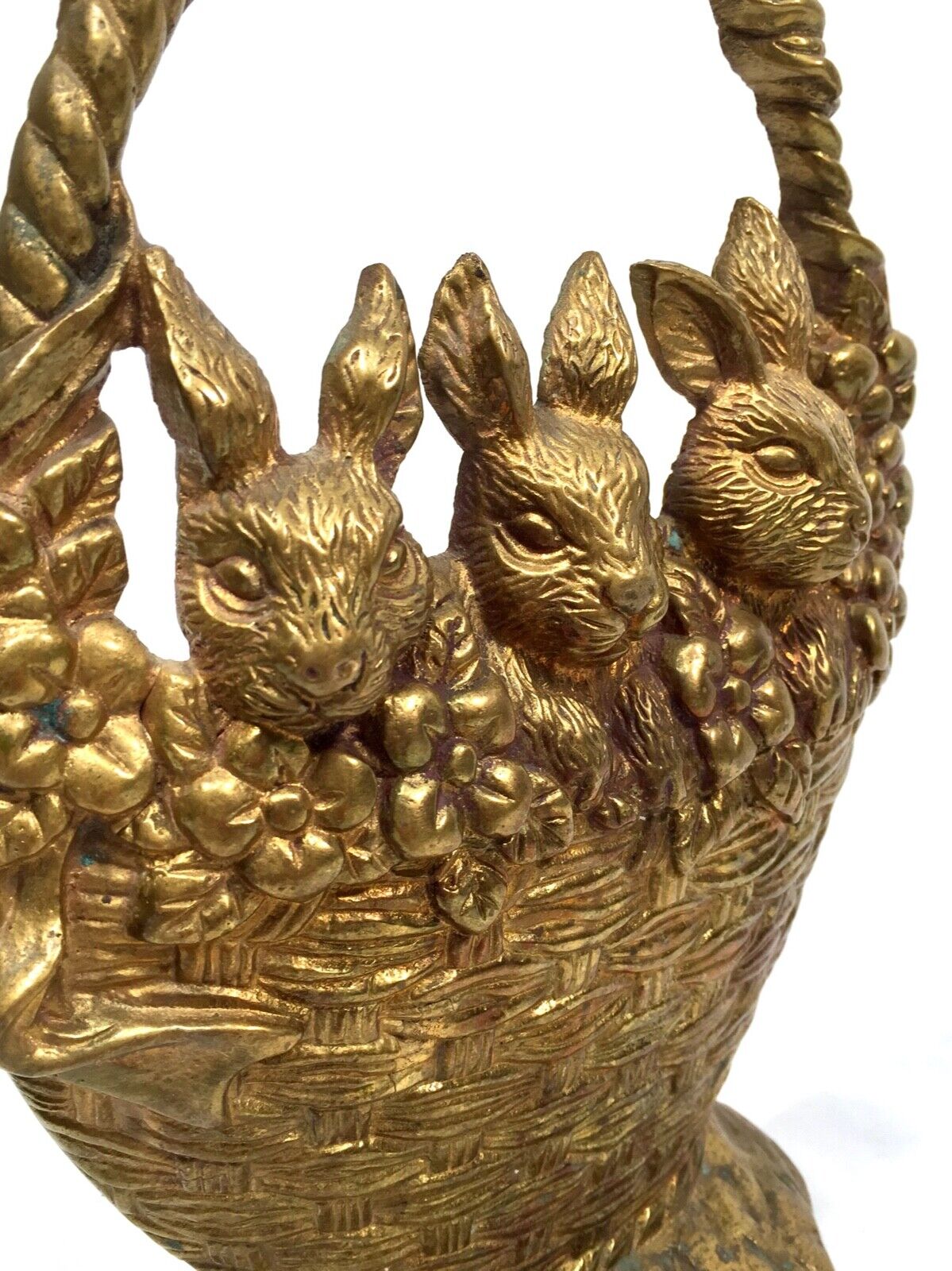Vintage Solid Brass Doorstop / Stopper - Bunnies in a Basket / Antique Style