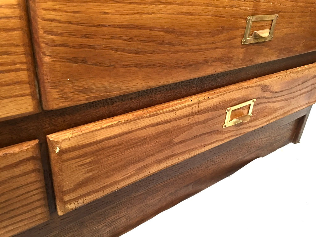 Antique Large Wooden Oak Office Double Filing Drawer Storage Cabinet Sideboard