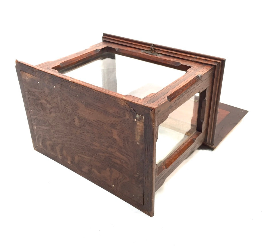 Antique Wooden Oak & Glass Display Box Cabinet / Checkerboard Inlaid Top c.1930
