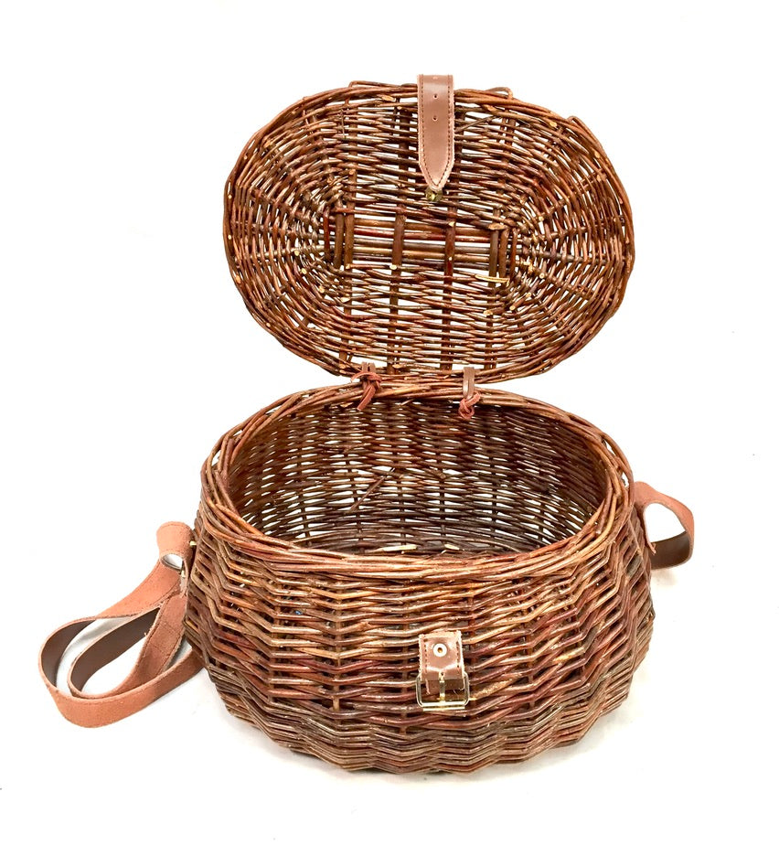 Vintage Wicker Fishing Creel Basket Hamper With Strap / Storage Bin 1960 Antique