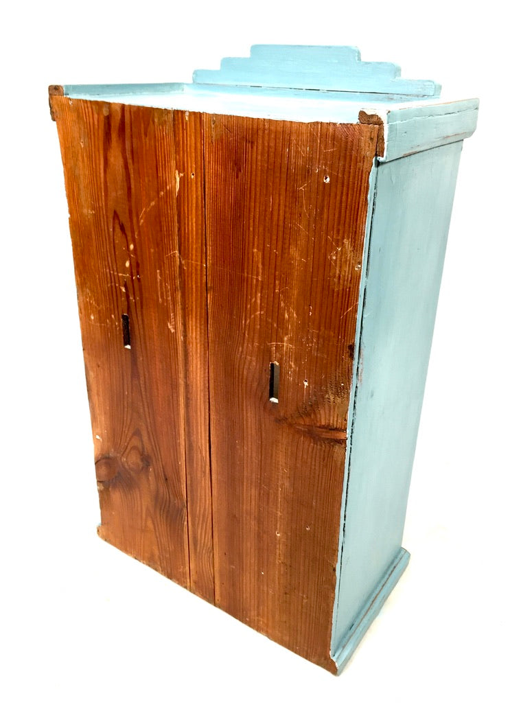 Antique Blue Painted Pine Wooden Tabletop Cabinet / Wall Storage Shelf Box c1950