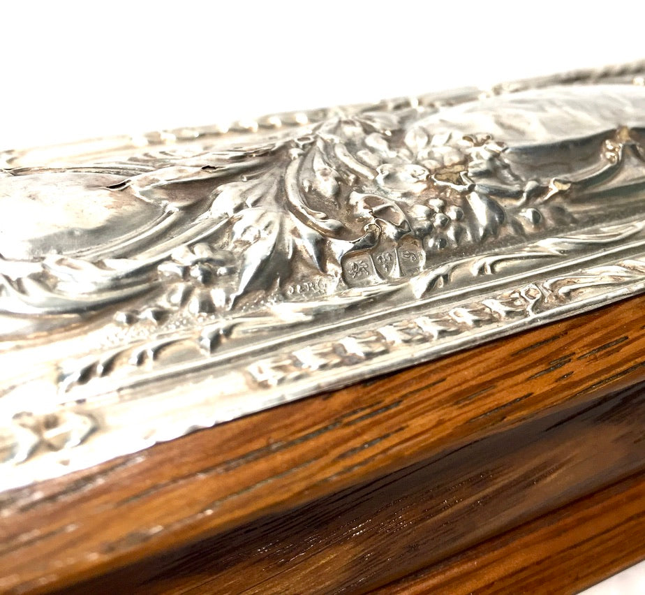 Antique Wooden Oak & Silver Hand Fan Storage Box Trinket Hallmarked Chester 1909