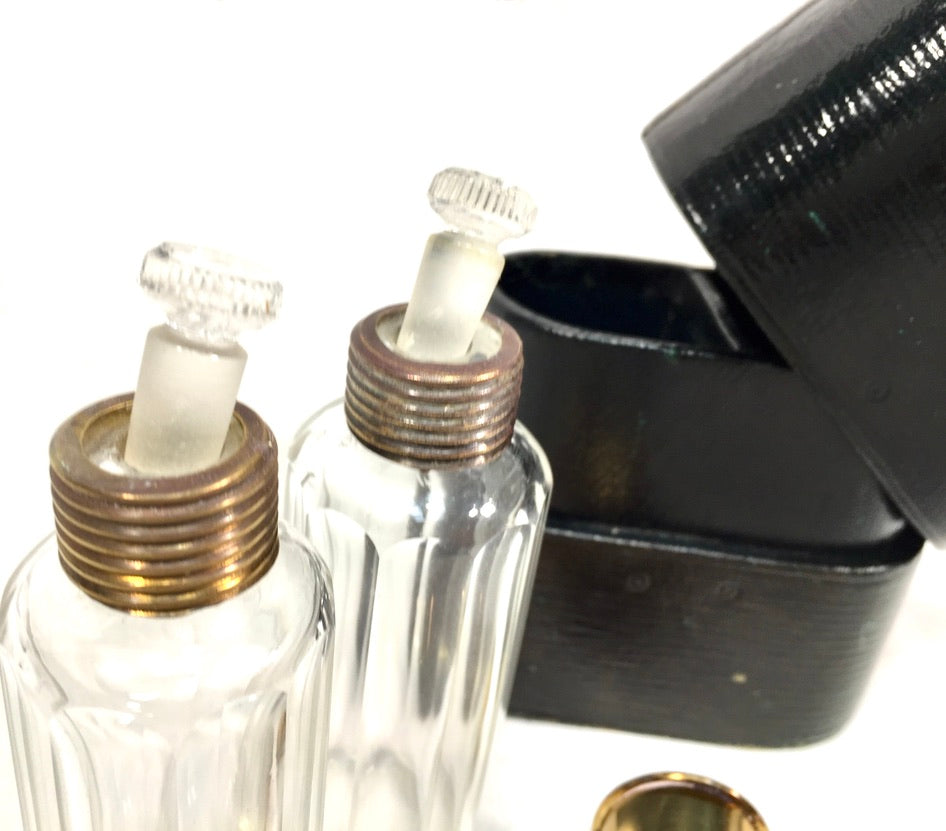 Antique Glass Fragrance / Perfume Scent Bottles in Leather Travel Case c.1930