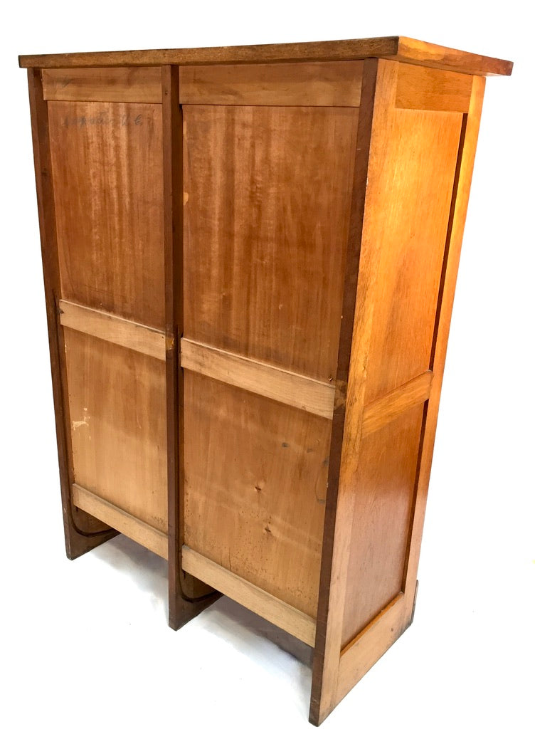 Antique 1950s Wood Oak Double Tambour Fronted Office Paper Filing Cabinet & Key