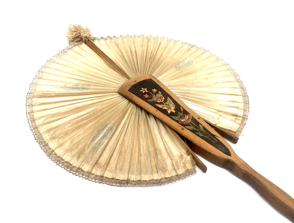 Antique Italian Sorrento Olive Wood & Paper Handheld Ladies Handbag Fan & Mirror