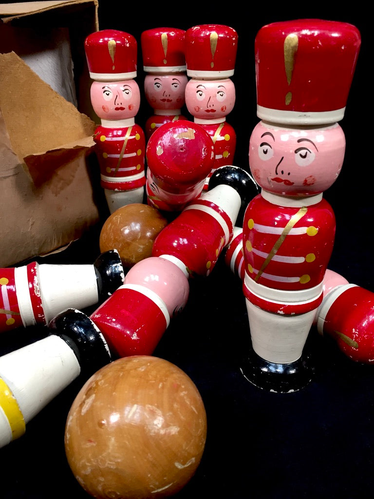 Antique Complete Set French Hand Painted Wooden Soldier Bowling Skittles & Balls