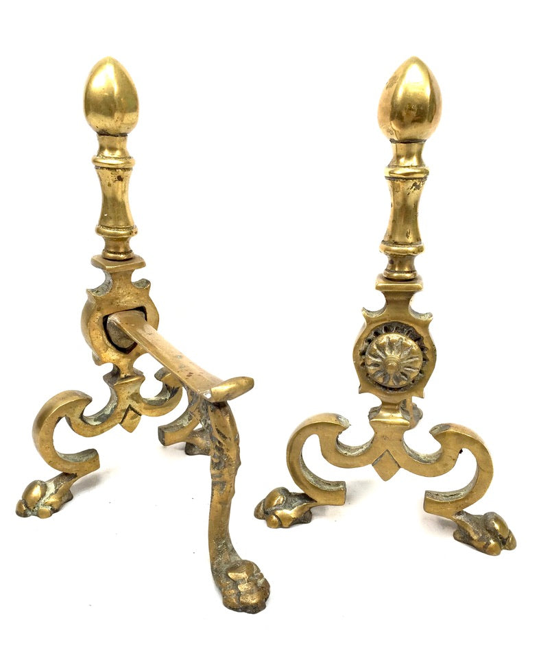 Antique Pair of Art Nouveau Brass Fire Dogs / Log Burner / c.1900 / Victorian
