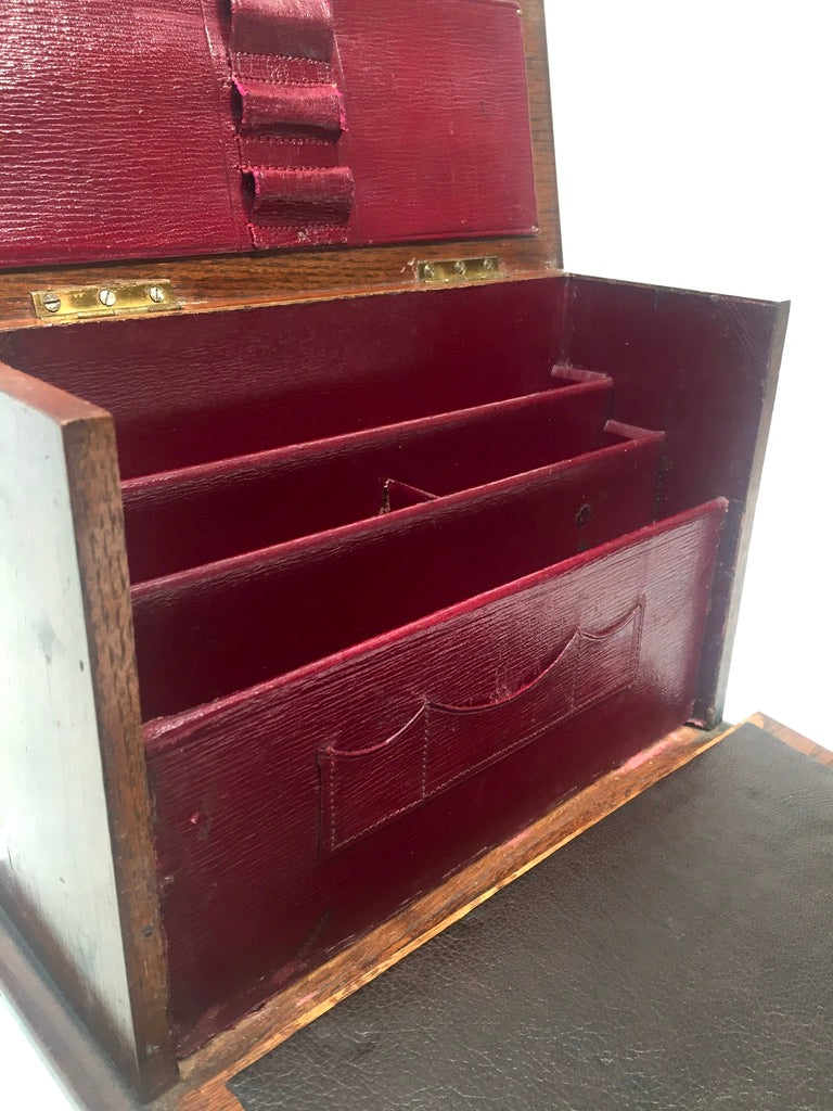 Antique Victorian Oak Wooden Desktop Stationery Box / Cabinet Writing Slope 1900