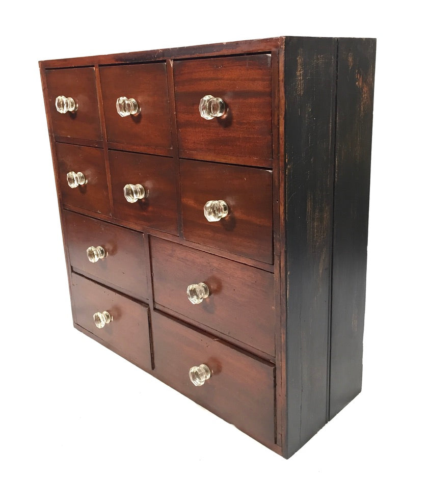 Antique Tabletop Victorian Apothecary Shop Chest of Drawers Cabinet Glass Handle