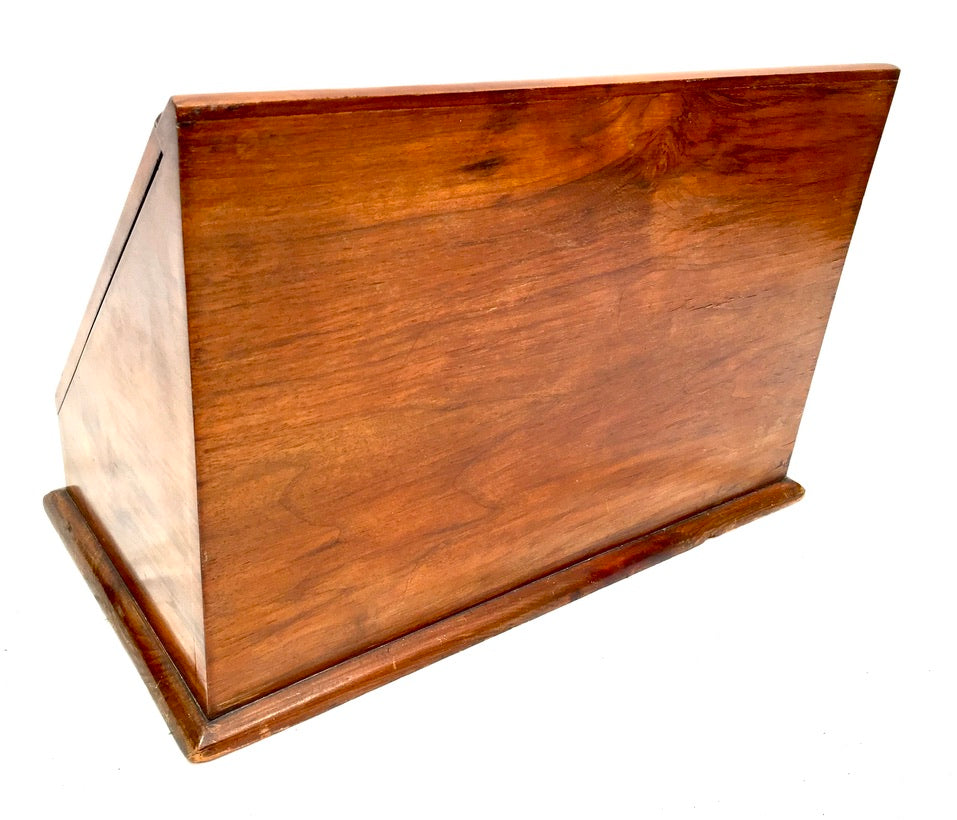 Antique Wooden Walnut Victorian Stationery Box Organiser Writing Slope with Key