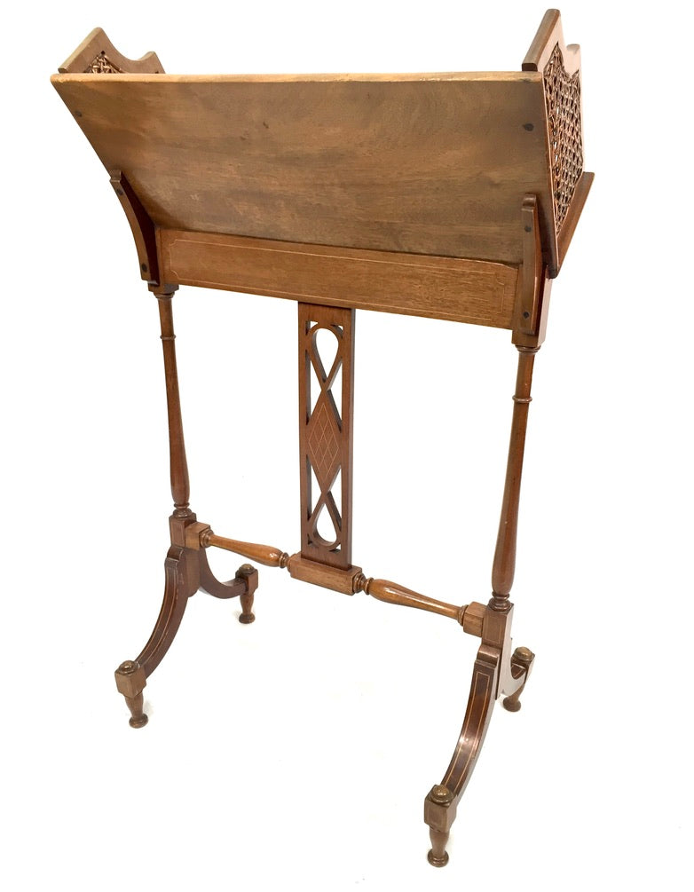 Antique Edwardian Mahogany Wooden Book Trough Display Stand Shelf Cane Panels
