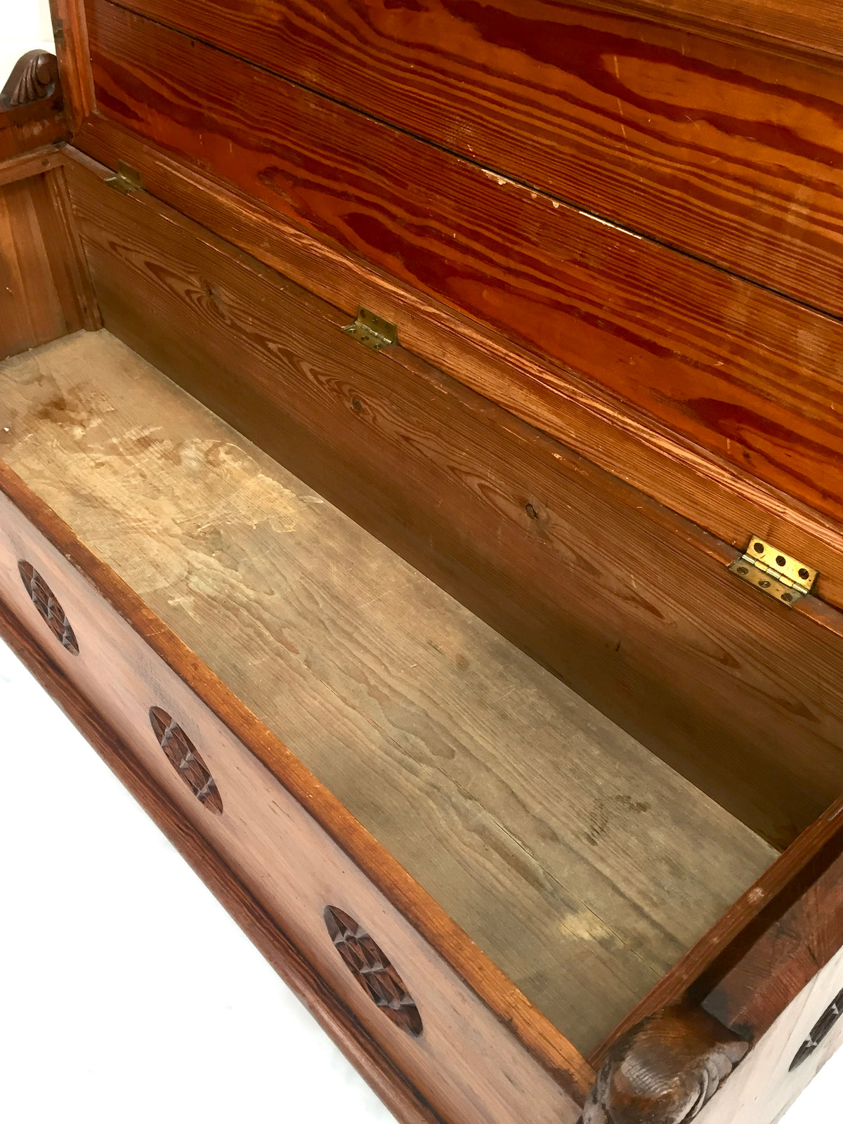 Antique Large Wooden Solid Pitch Pine Entrance Hall Bench With Storage c.1900
