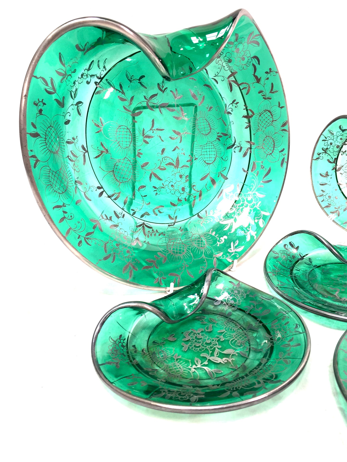 Vintage Green Art Glass With Floral Silver Overlay Serving Dish Plate Set Retro