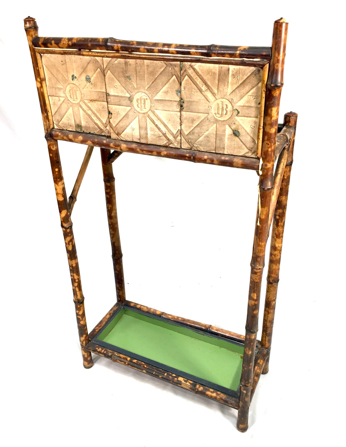 Antique Entrance Hall Bamboo Wood & Tiled Stick and Umbrella Stand / Victorian