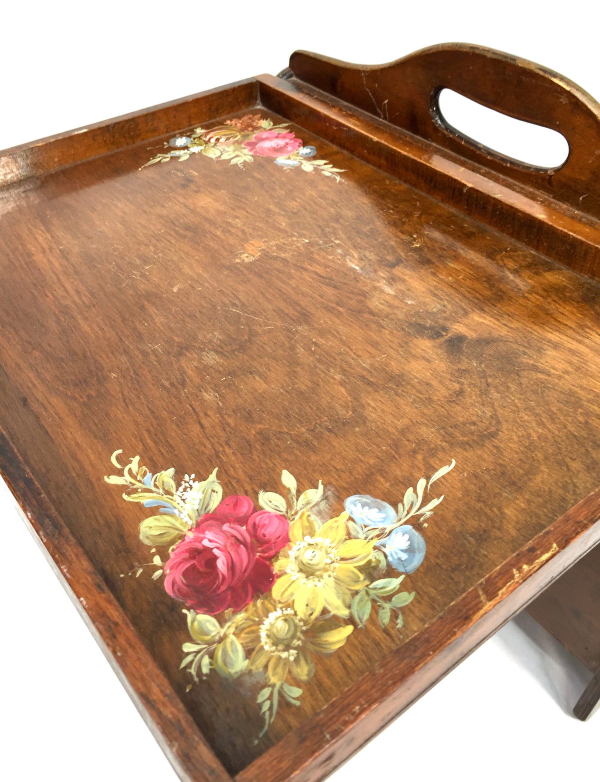 Antique Wooden Hand Painted Magazine Rack with Fold Out Side Table Tray c.1950