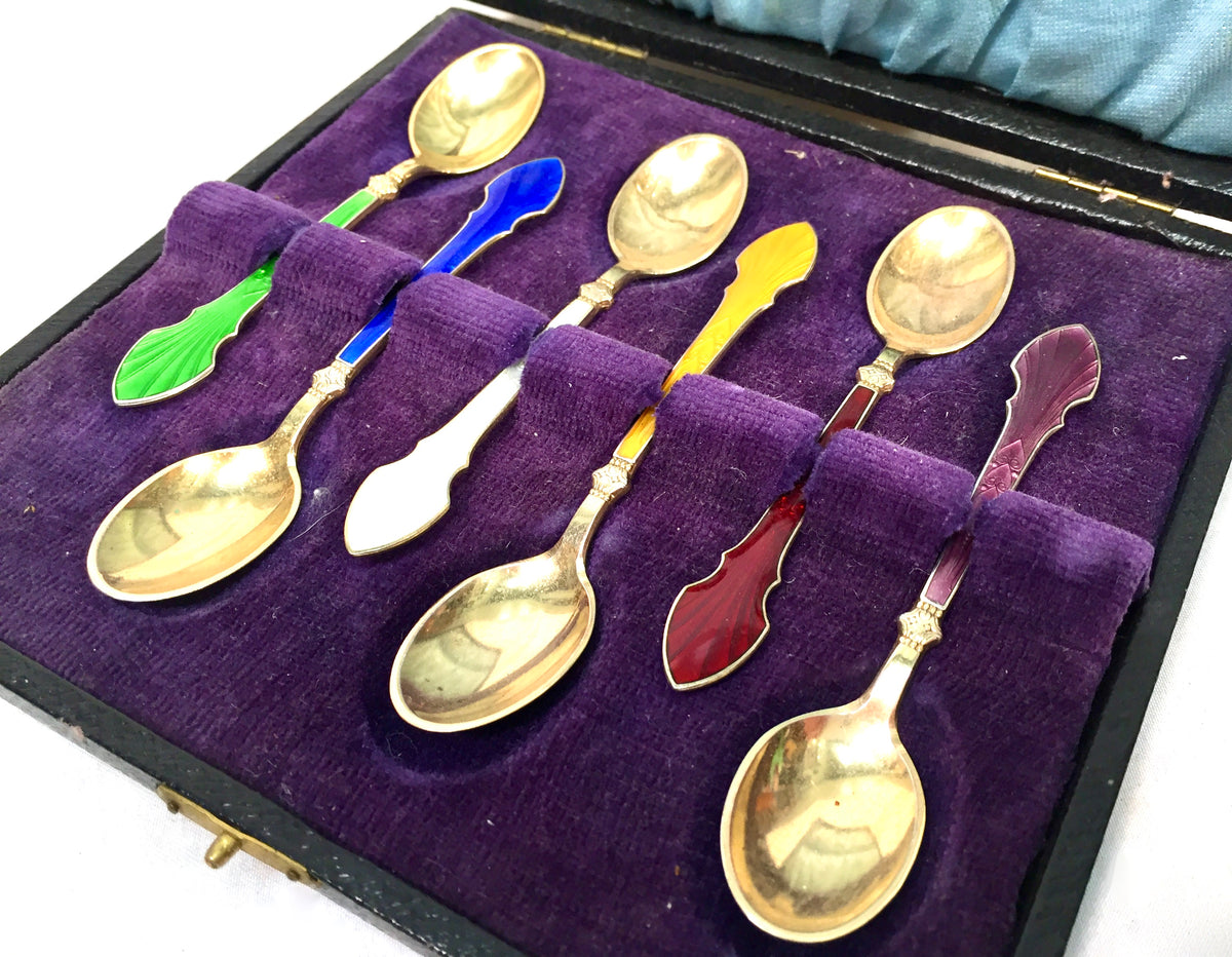 Antique Silver & Harlequin Enamel Coffee or Tea Spoons by MEKA in Box c.1950