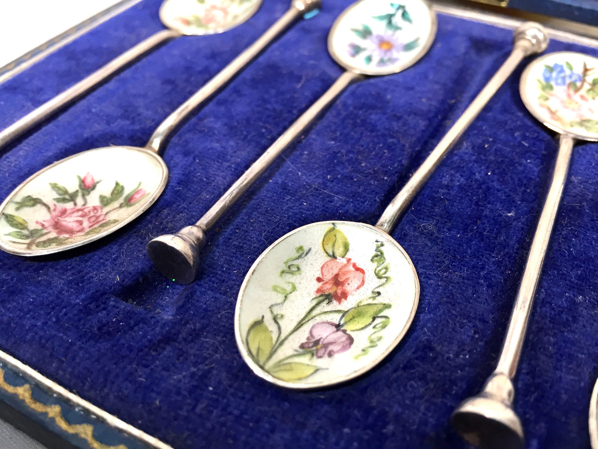 Antique Birmingham Sterling Silver & Enamel Coffee / Tea Nail Head Spoons in Box