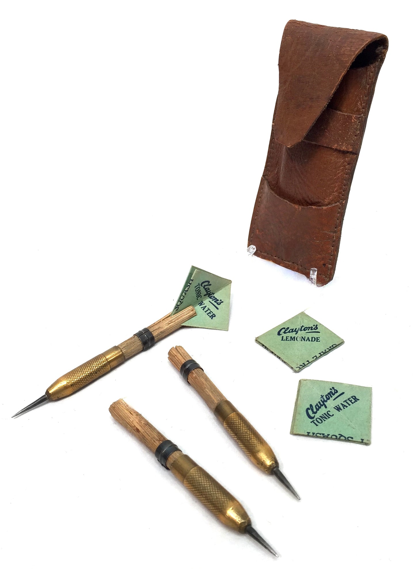 Antique Darts with Advertising Clayton's Drinks Flights & Leather Case c1950