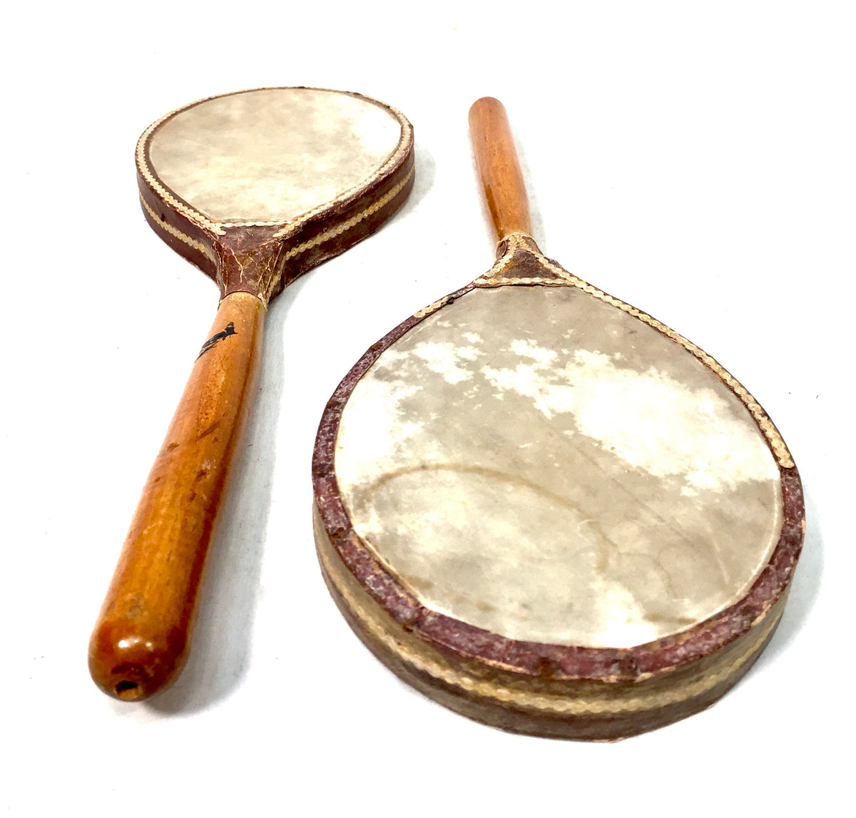 Antique Edwardian Pair of Vellum Covered Table Tennis Paddles / Bats c.1900