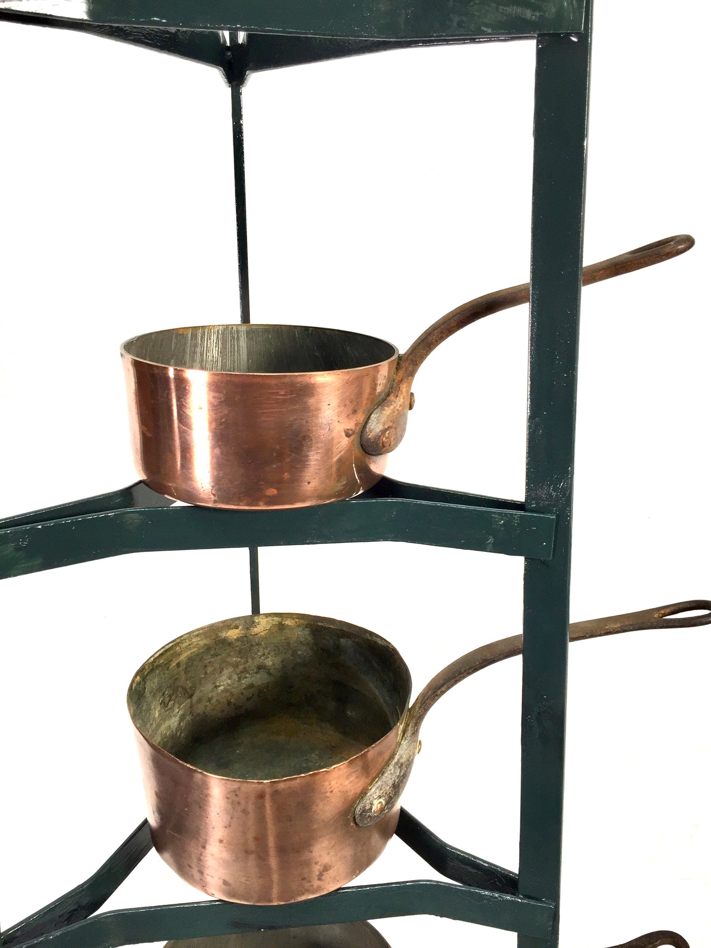 Antique Victorian Kitchen 7 Tier Wrought Iron Stand And Copper Pots / Saucepans