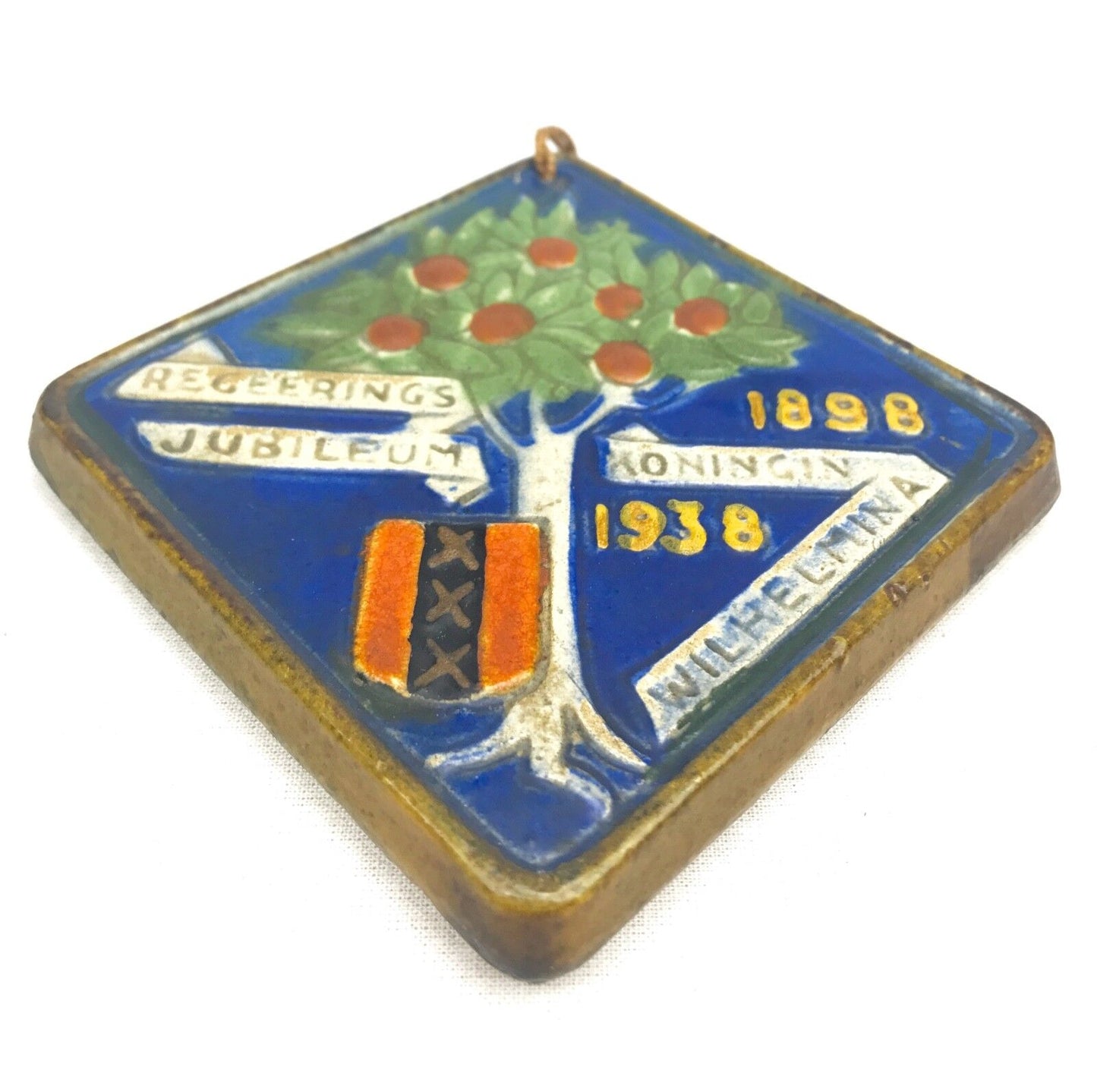 Antique Dutch Gouda Pottery Commemorative Wall Plaque Celebrating 40 Years