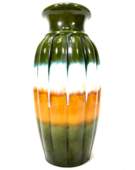 Vintage West German Pottery Scheurich Fat Vase / Green / Orange / White / Large
