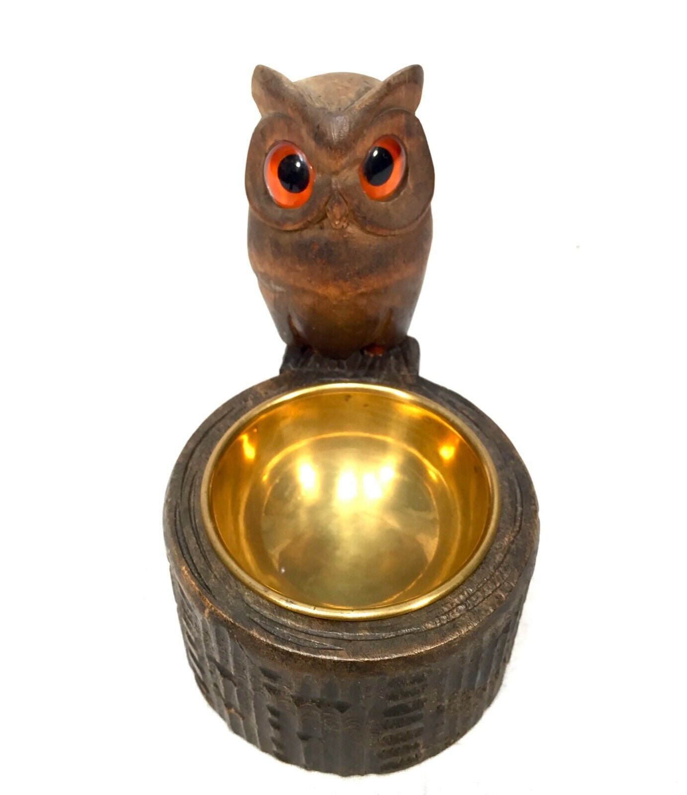 Antique Wooden Carved Owl & Brass Bowl Pin / Trinket Dish / Black Forest Style
