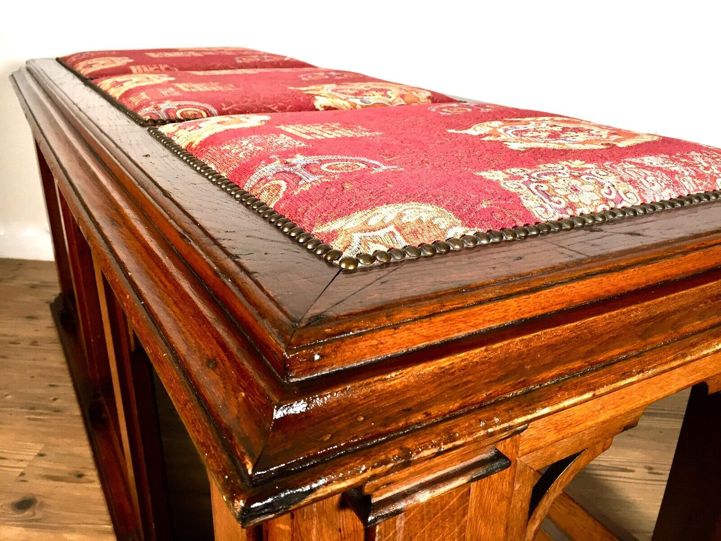 Antique 19th Century Gothic Revival Mahogany Wood Chapel Window Bench / Seat