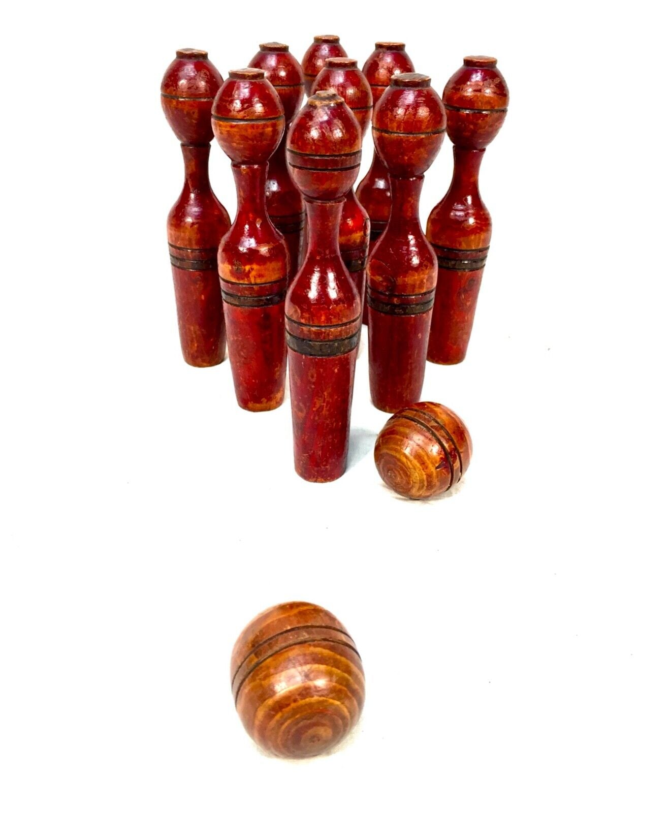 Antique Set of French Wooden 9 Pin Skittles / Game / Complete Hand Painted c1900