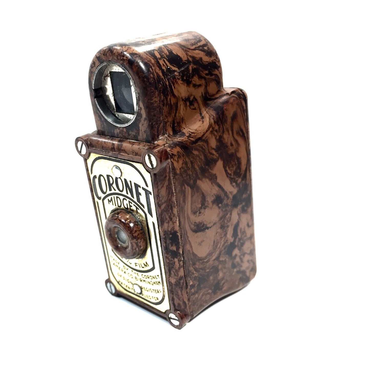 Antique Coronet Midget / Miniature 16MM Camera Brown Marble Bakelite / Art Deco