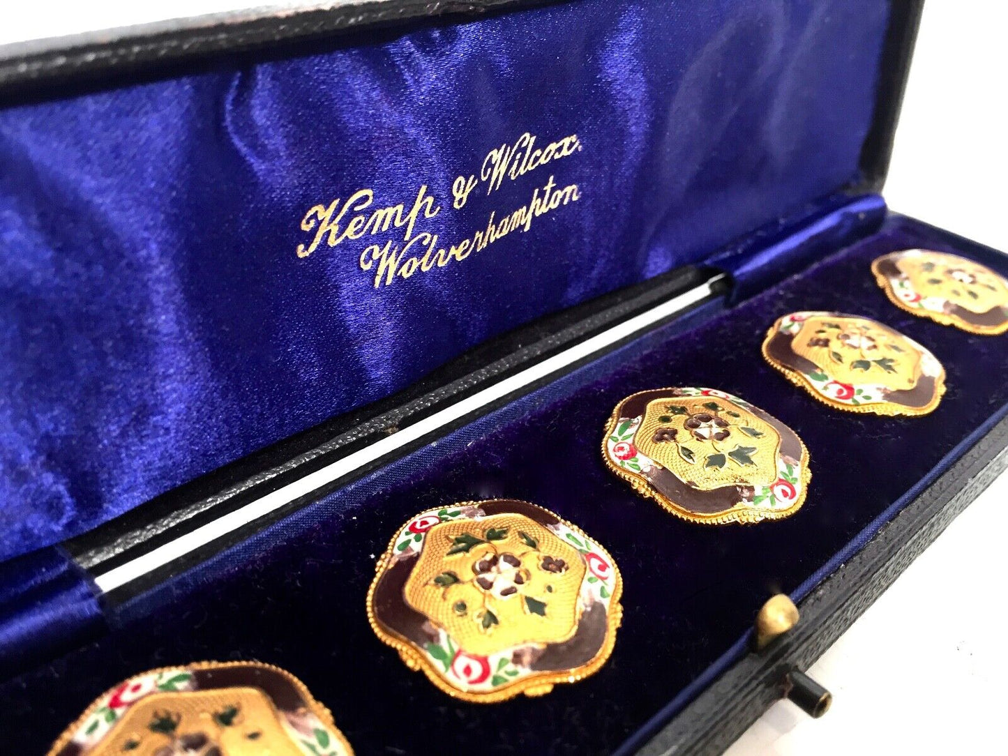 Antique Ladies Art Nouveau Enamel Buttons by Jewellers & Goldsmith Kemp & Wilcox