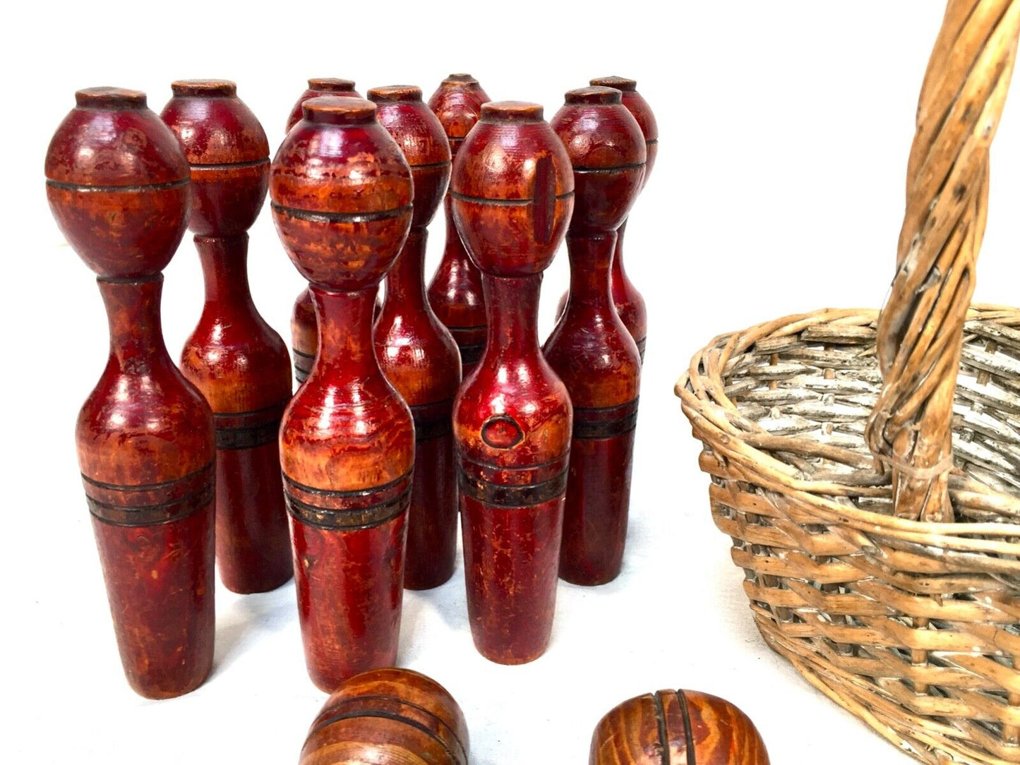 Antique Set of French Wooden 9 Pin Skittles / Game / Complete Hand Painted c1900