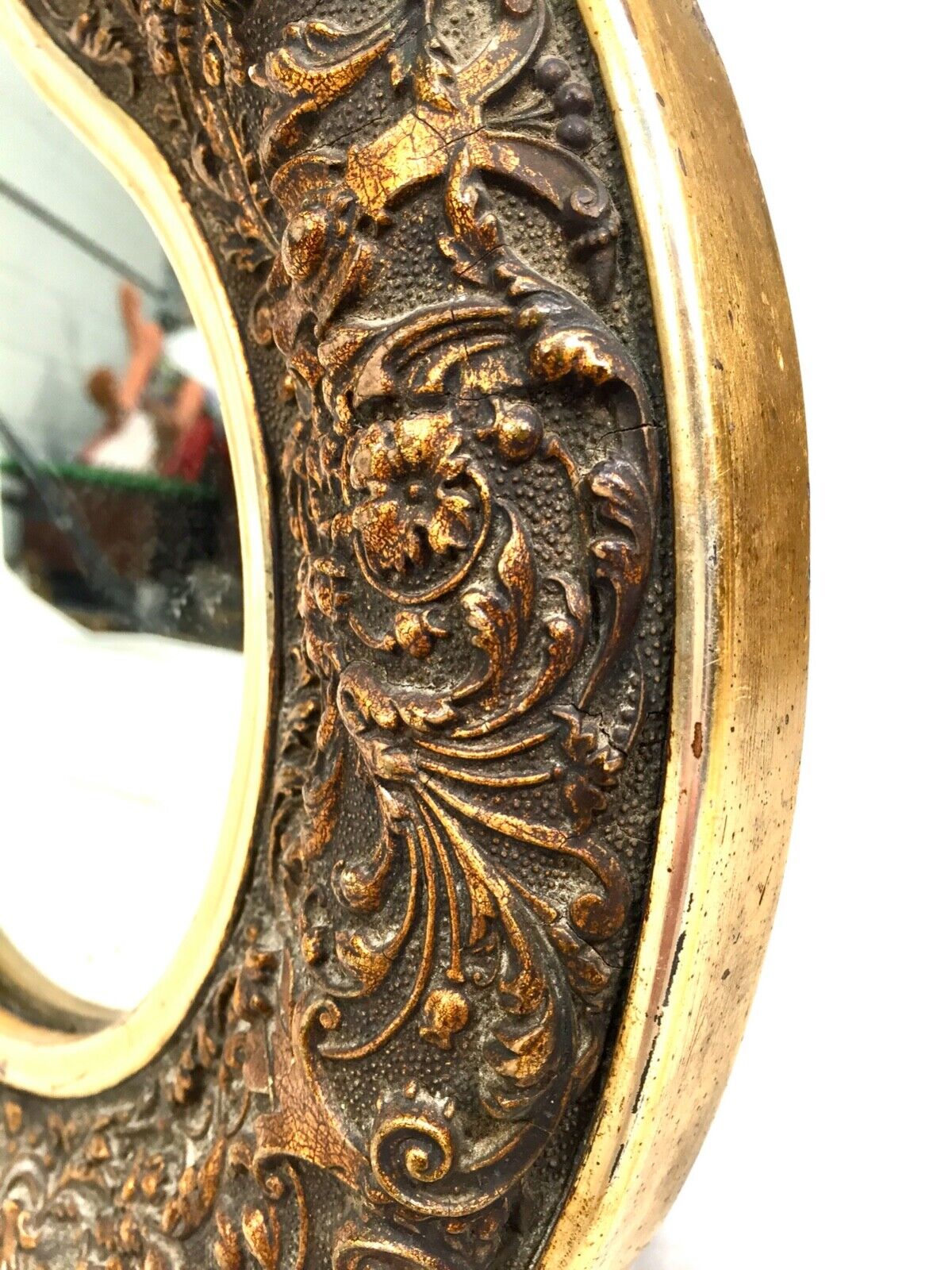 Antique Clover Shaped Wall Mirror / Gilded & Black / Floral Decoration c.1900