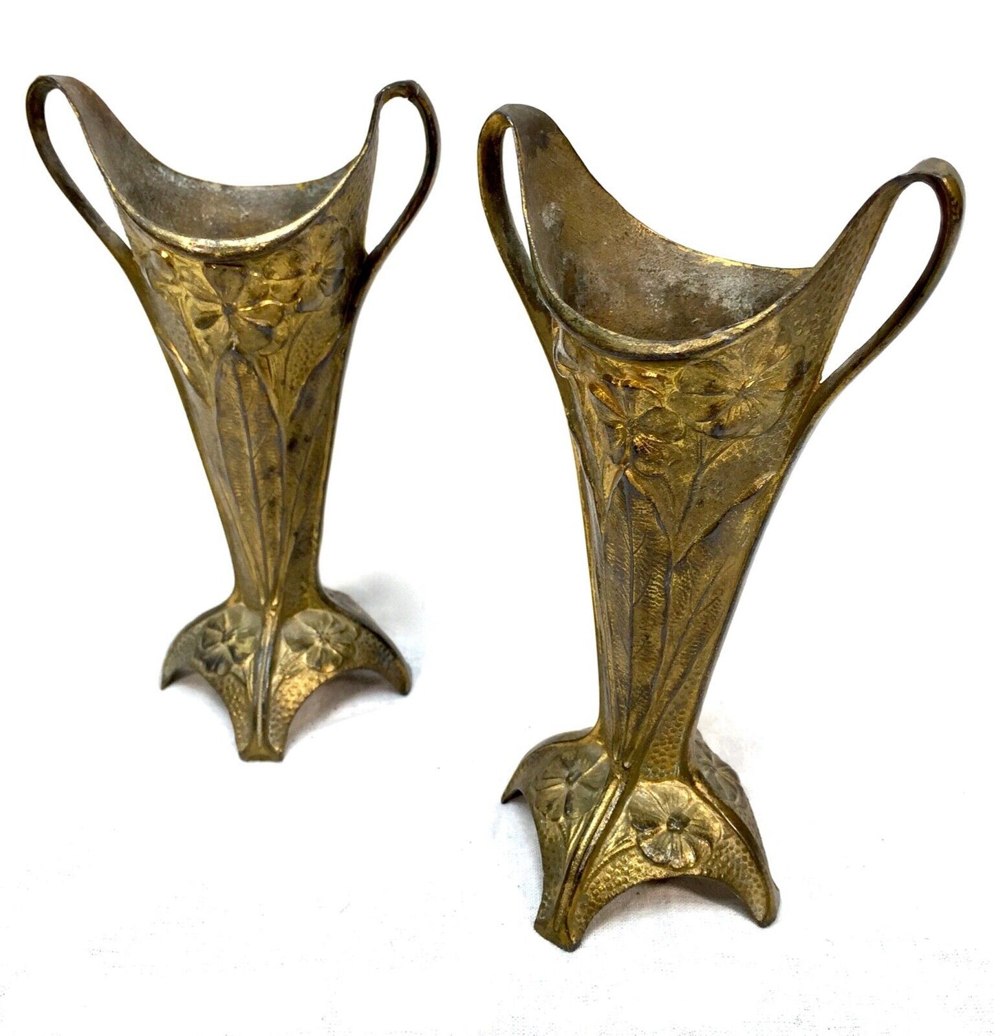 Antique Pair of Brass Art Nouveau Trumpet Posy Vases / Matching / c.1910