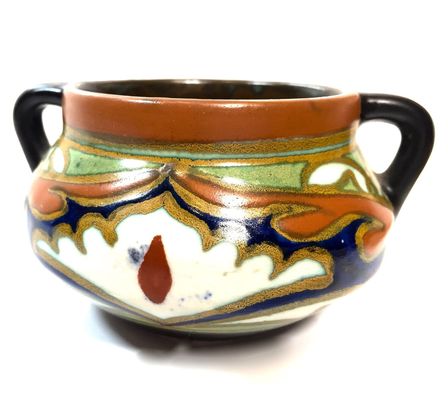Antique Gouda Pottery Art Deco Dutch Vase / Bowl / Blue / Green / Brown / Orange
