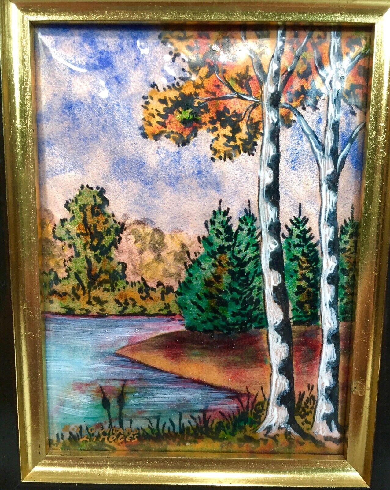 Framed Enamel on Copper E J Guitard of Limoges, France, Painting Pair c.1970