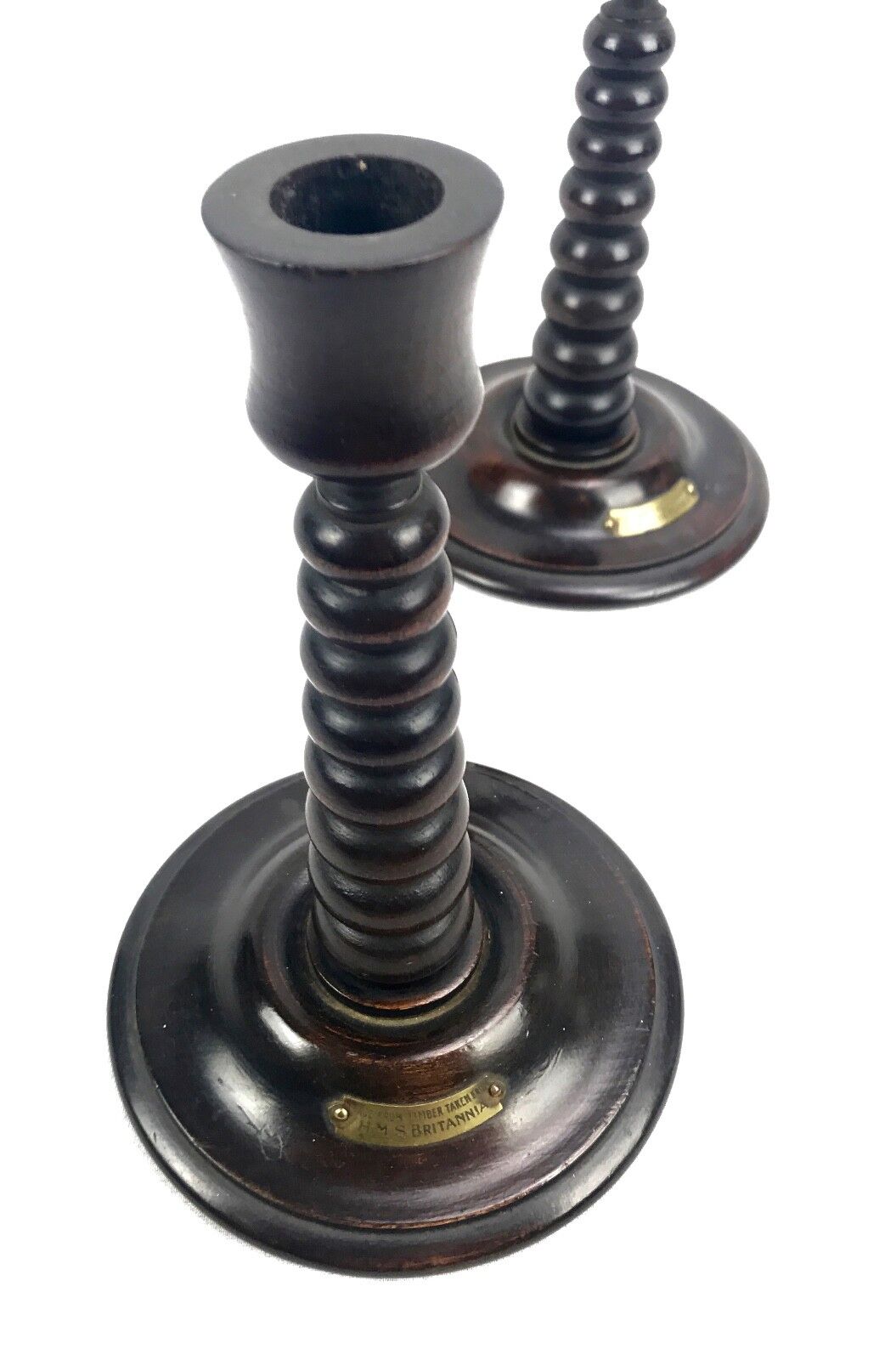 Antique Wood Barley Twist Candle Stick Pair Made From Timber From HMS Britannia